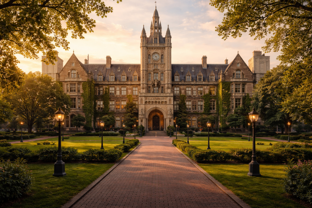 College Romance – Subgenre & Setting Historisches College-Gebäude mit Campus – Setting für College Romance und New Adult